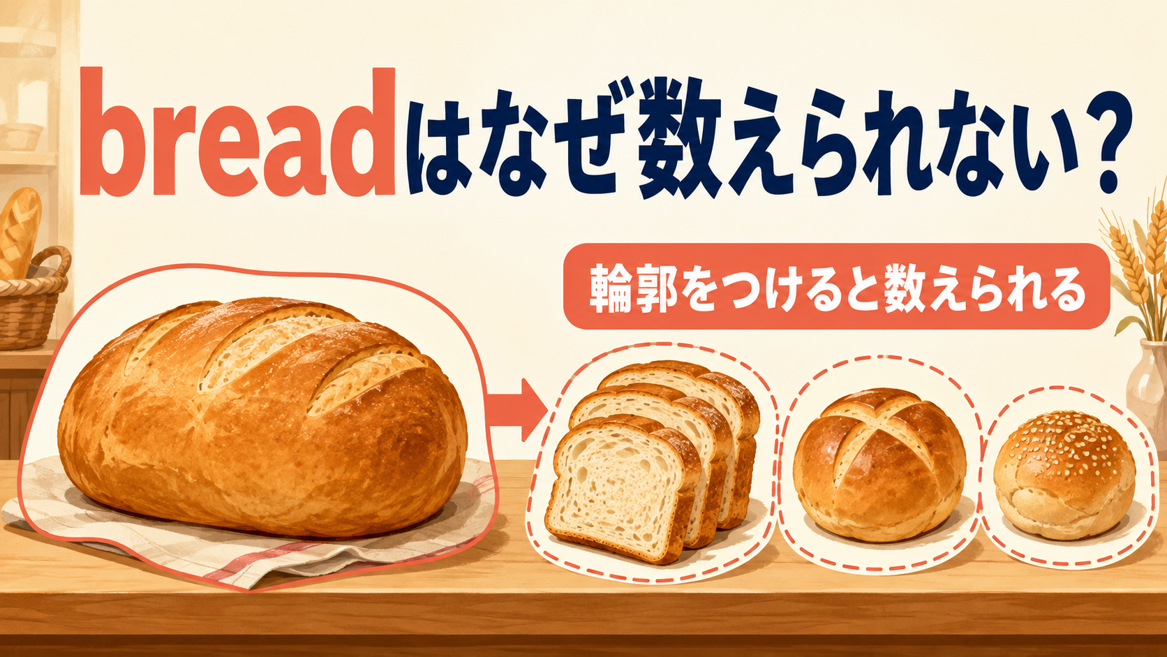 breadはなぜ数えられないかを輪郭の違いで表すアイキャッチ画像