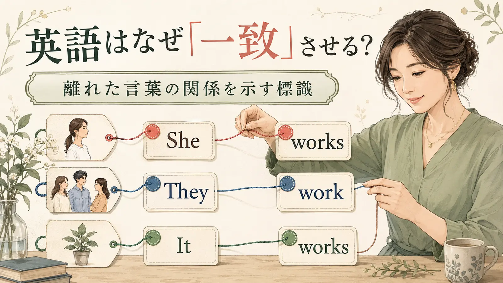 英語のShe worksとThey workで離れた言葉の関係を一致が示す仕組み