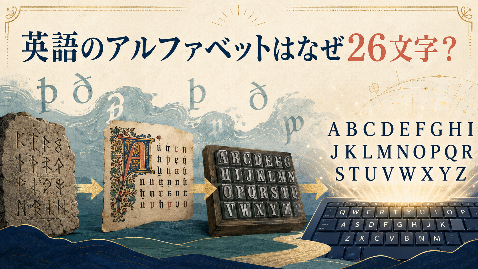 英語のアルファベットが26文字になった歴史を表すイラスト