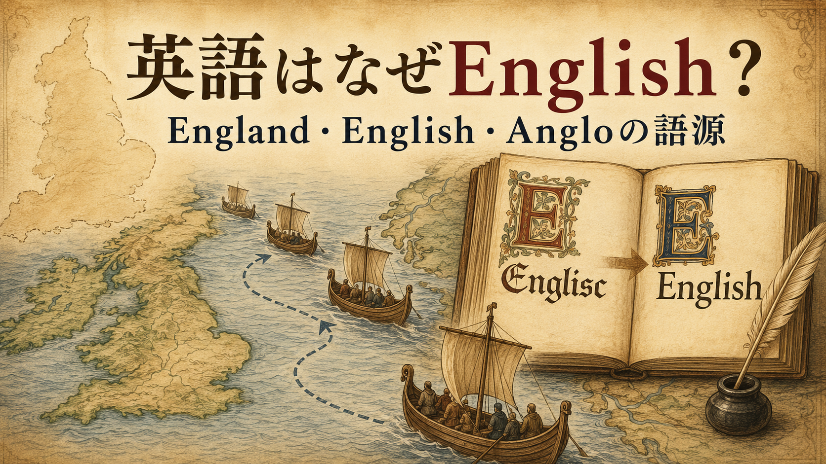 英語がEnglishと呼ばれる理由とEngliscからEnglishへの変化を表したイラスト