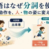 英語の分詞が動作を人や物の姿に変える仕組みを示した図解