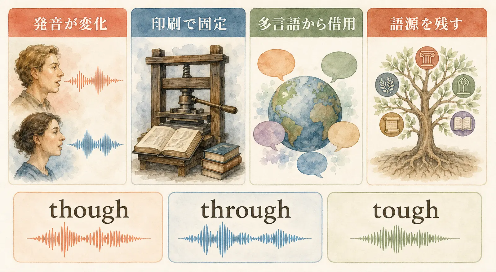 発音変化・印刷・借用語・語源からスペルと発音のずれを説明した図解