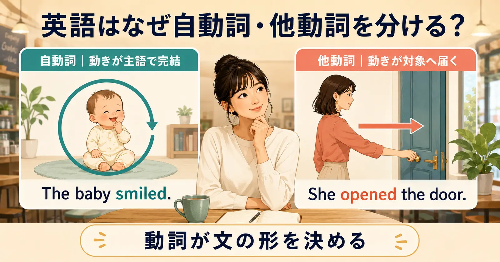 英語が自動詞と他動詞で動きの完結と対象への到達を分ける仕組み