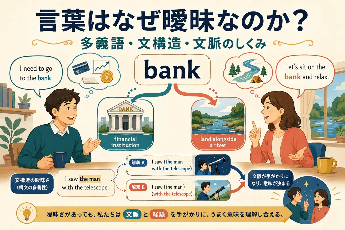 言葉が多義語や文構造によって曖昧になり文脈で意味が決まる仕組み