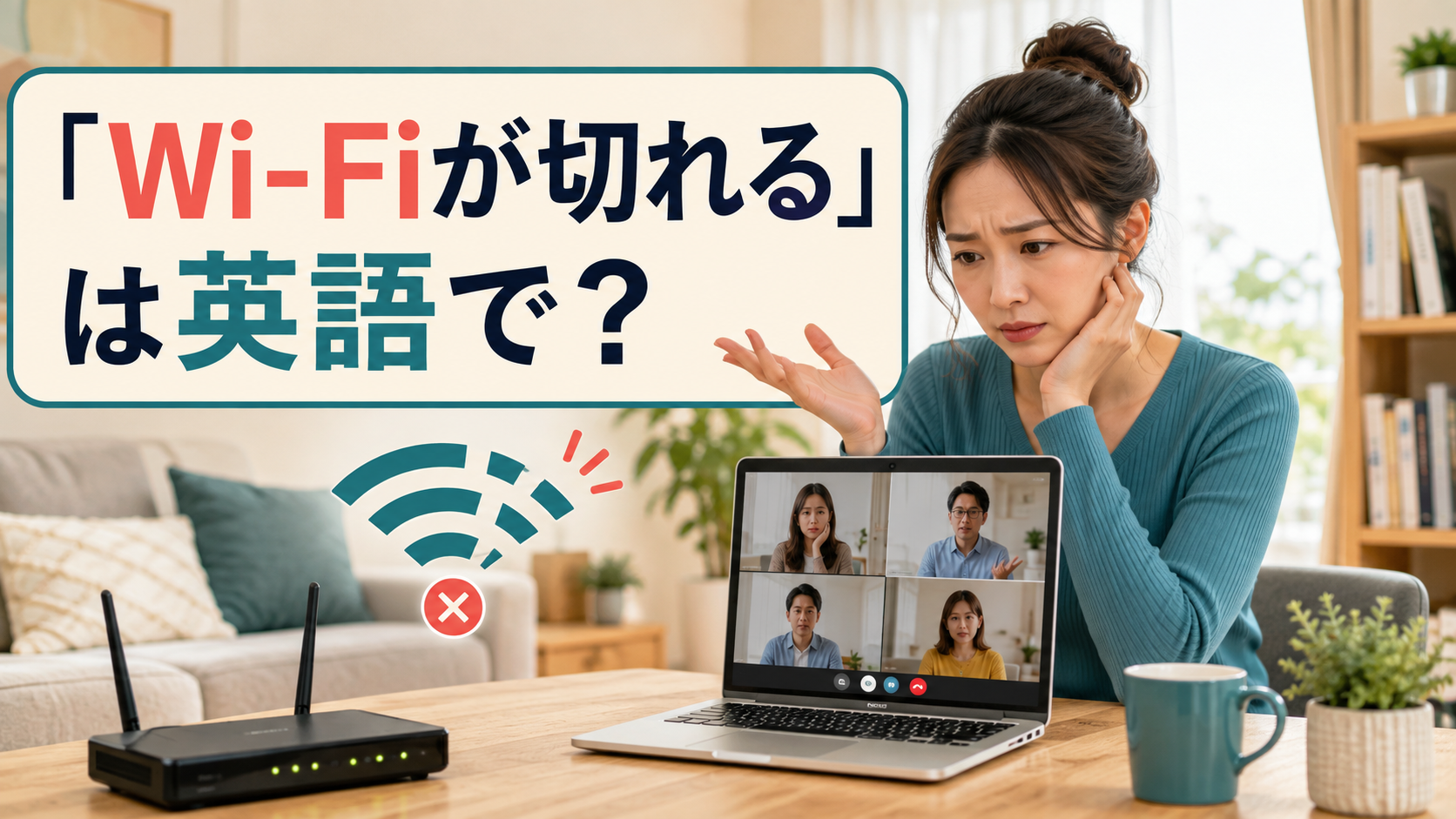 オンライン通話中にWi-Fiが切れて困る女性と「Wi-Fiが切れる」は英語で?の文字