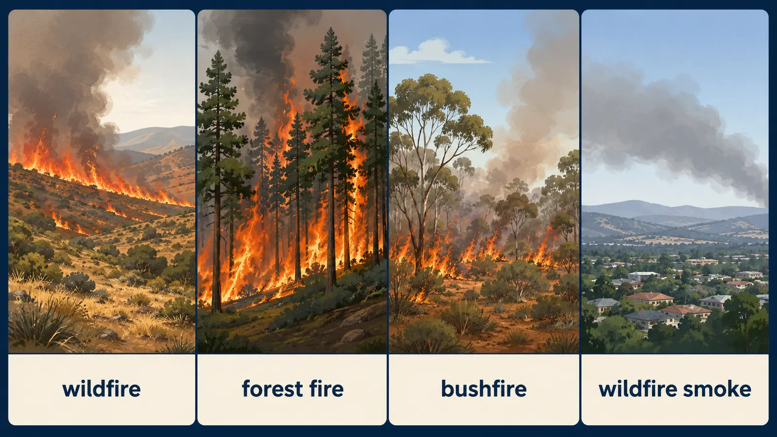 wildfire・forest fire・bushfire・wildfire smokeの違いを示す英語図解
