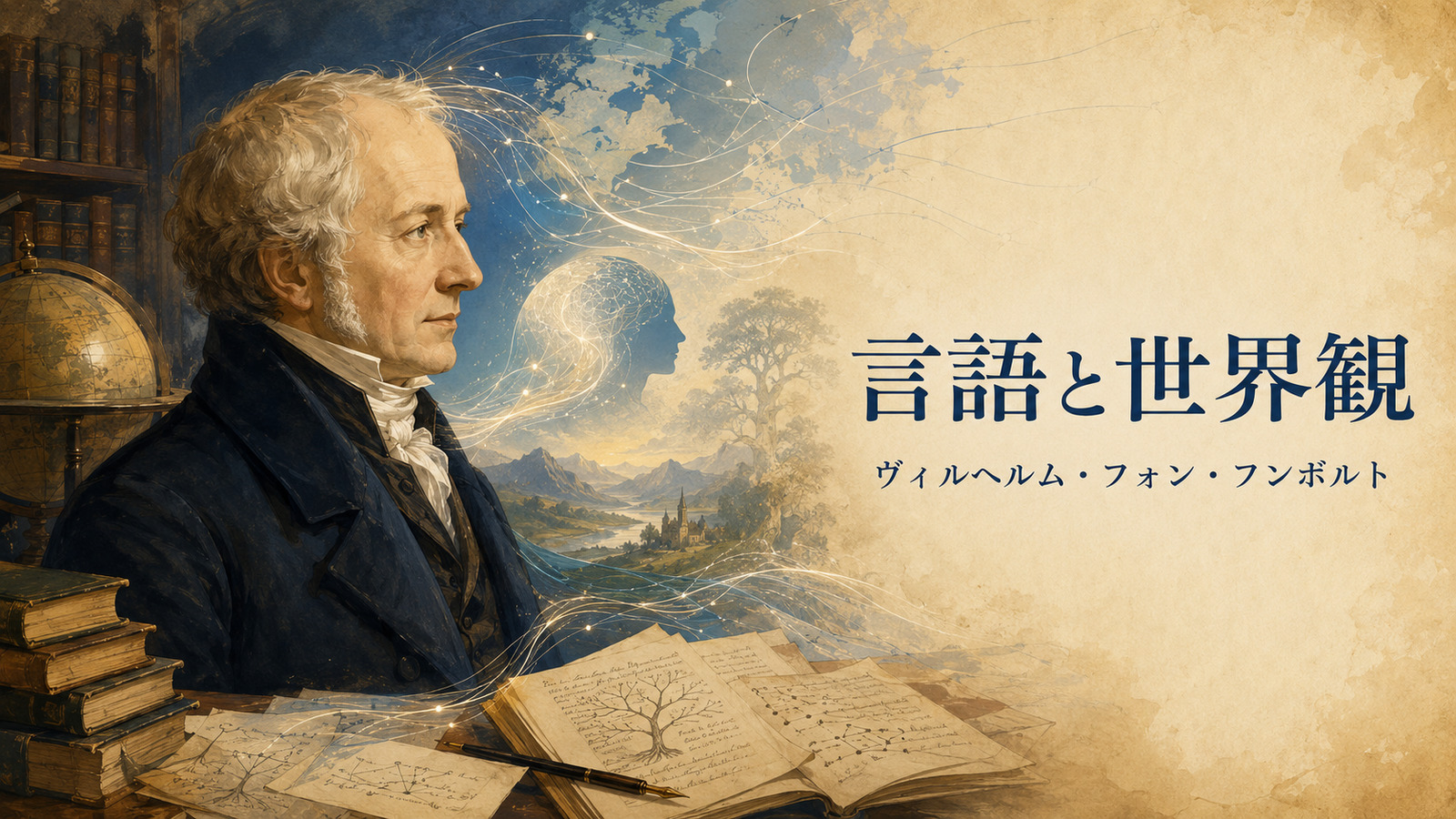 ヴィルヘルム・フォン・フンボルトと言語と世界観を表したイラスト
