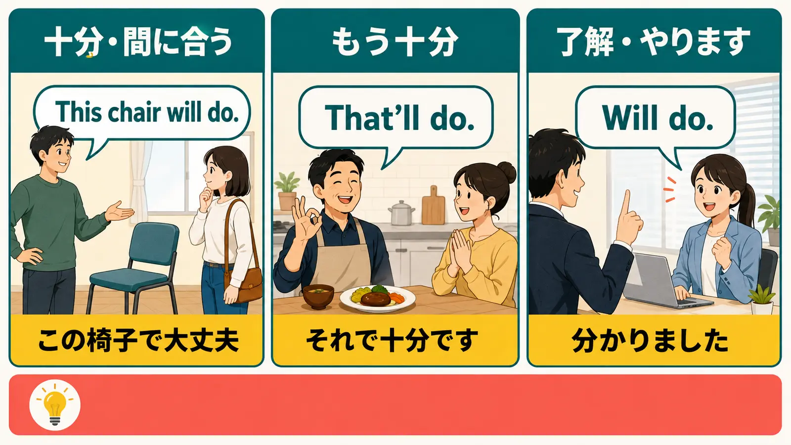 This chair will do・That’ll do・Will doの3つの意味と使い分け