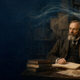 書斎で意識の流れを思索するウィリアム・ジェームズのイラスト