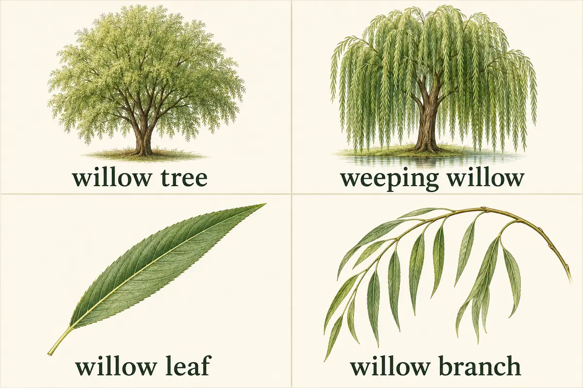 willow tree、weeping willow、willow leaf、willow branchの英語図解