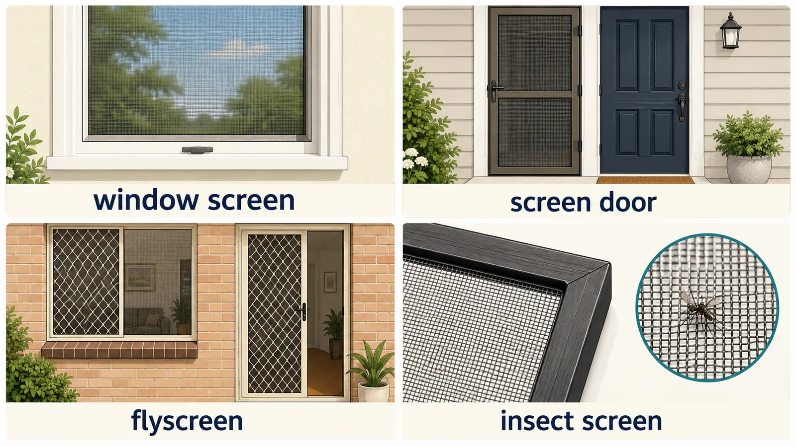 window screen、screen door、flyscreen、insect screenの形と違いを示した比較図