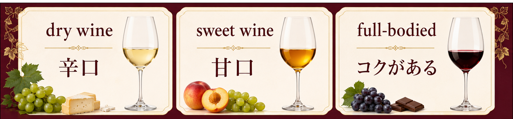 dry wine 辛口、sweet wine 甘口、full-bodied コクがあるの英語比較