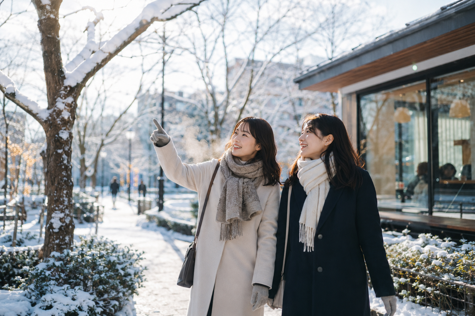 雪景色の公園で冬について英語で話す女性たち