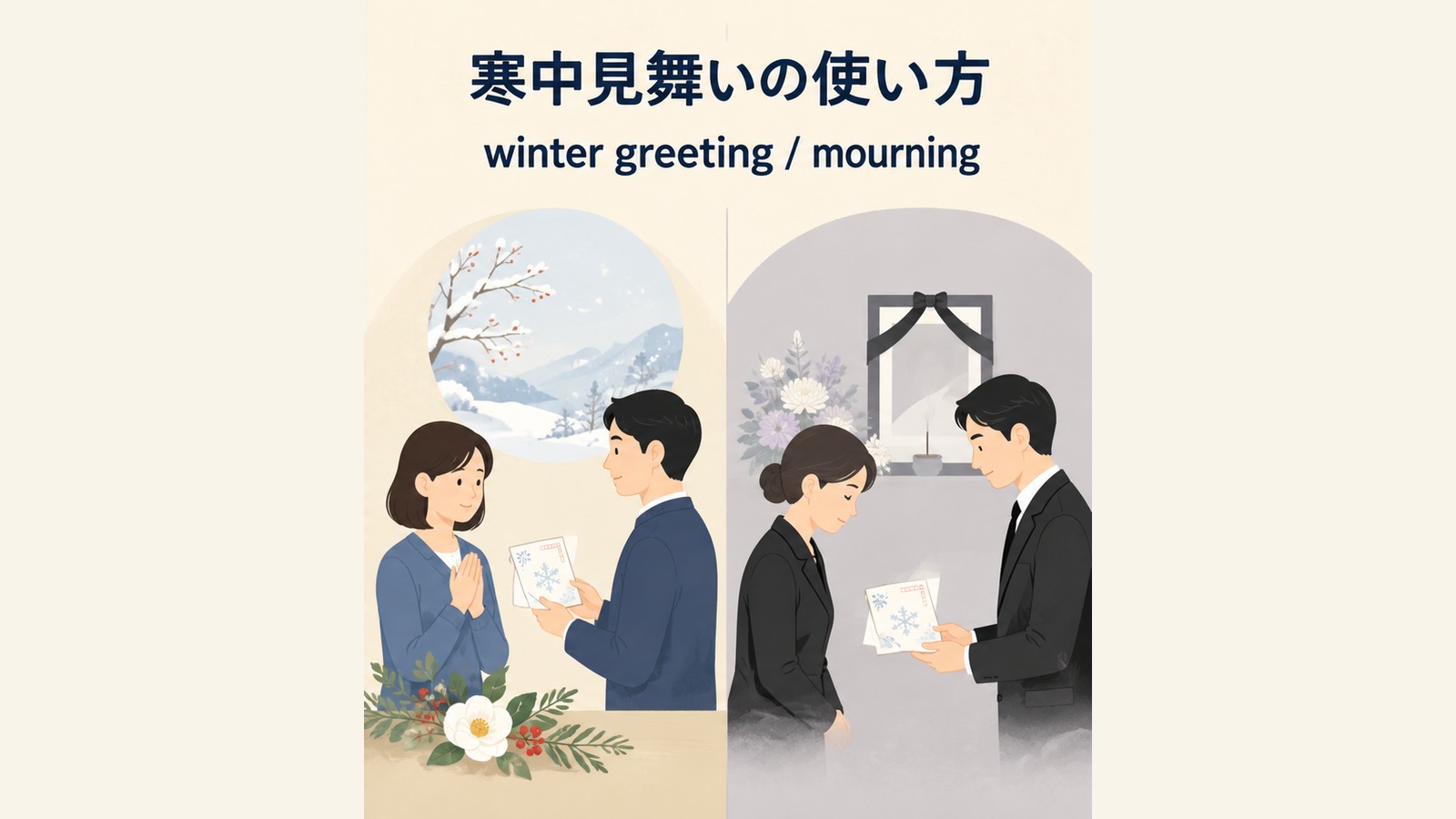寒中見舞いの英語表現と使い分けを説明するイラスト