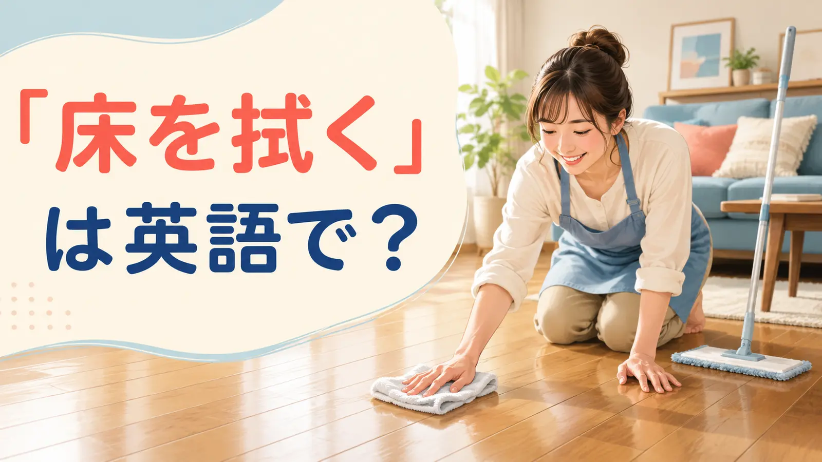 「床を拭く」は英語でどう言うかを紹介する記事のアイキャッチ