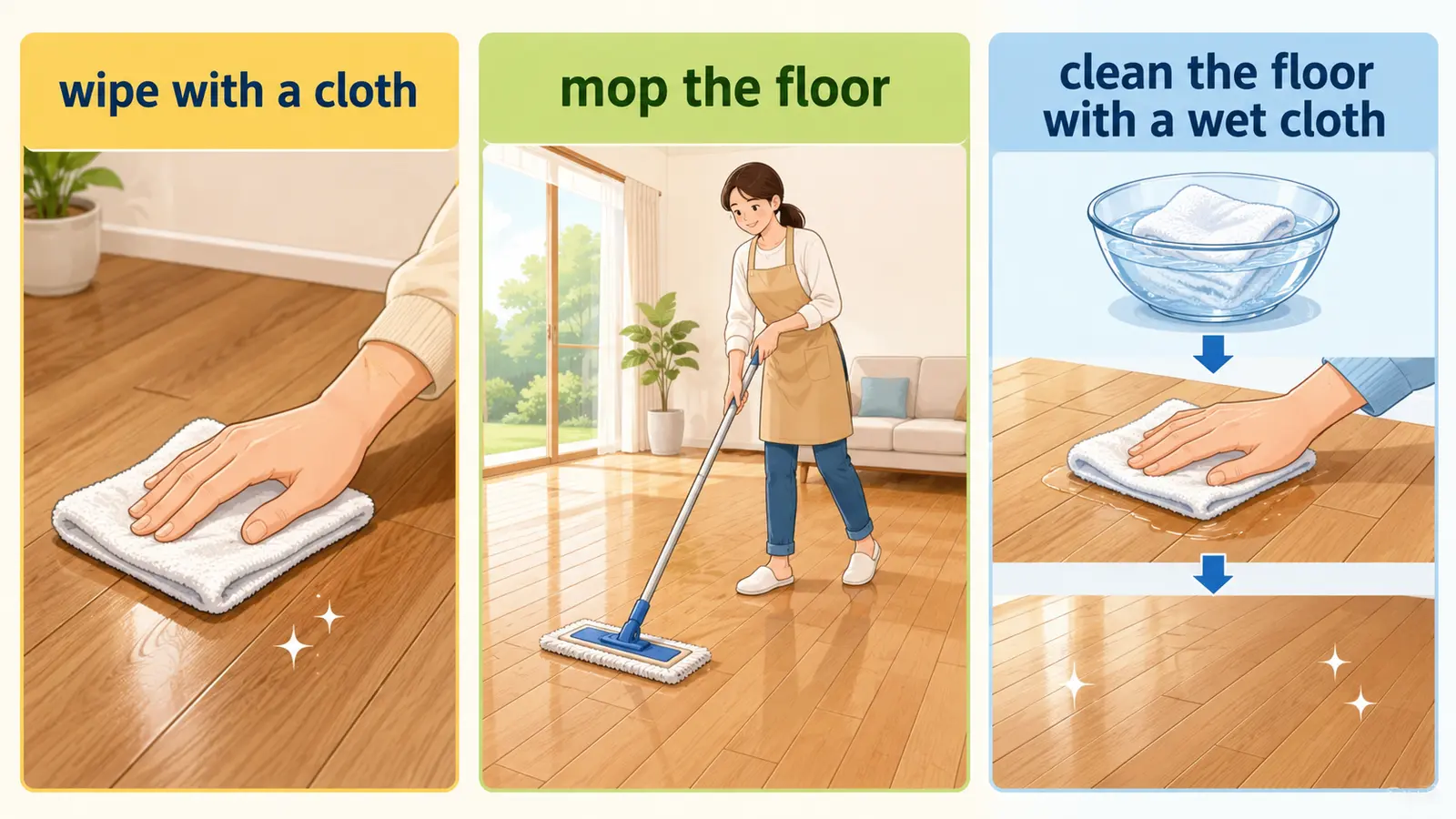 wipe with a cloth・mop the floorと簡単な言い換えを示す解説イラスト
