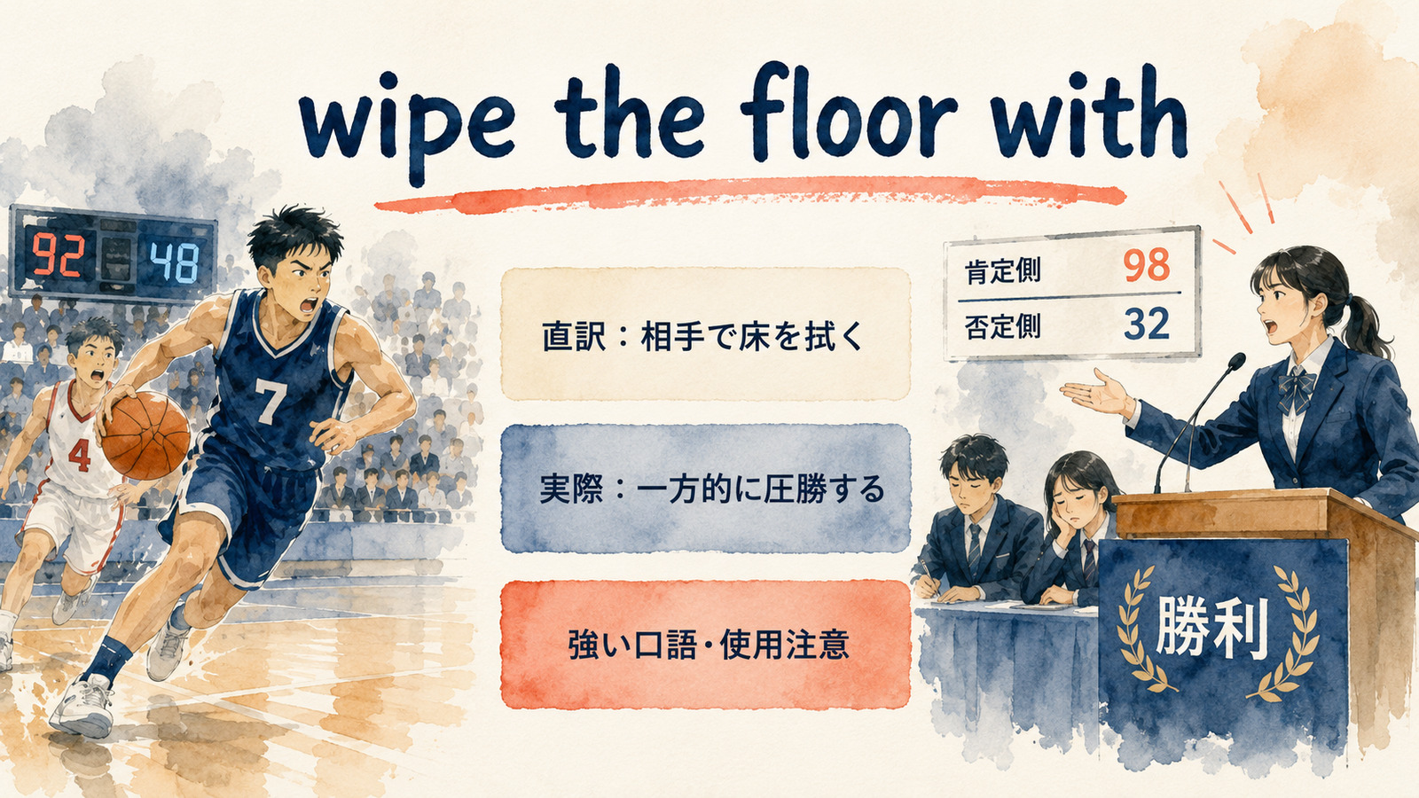 wipe the floor withの直訳と実際の意味を比較する本文イラスト