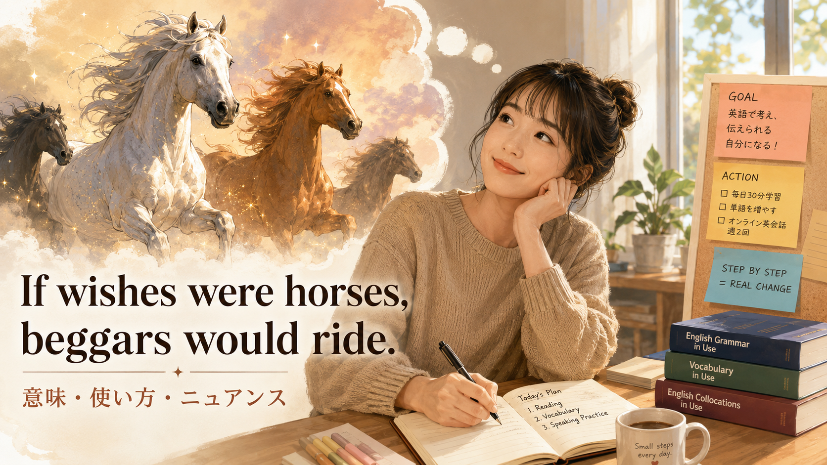 If wishes were horses, beggars would ride.の意味は？使い方・ニュアンスと例文