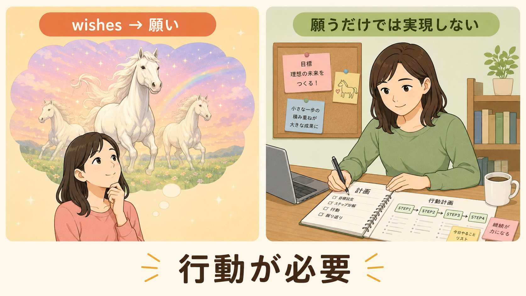 If wishes were horses, beggars would ride.の直訳と実際のニュアンスを比べる解説イラスト