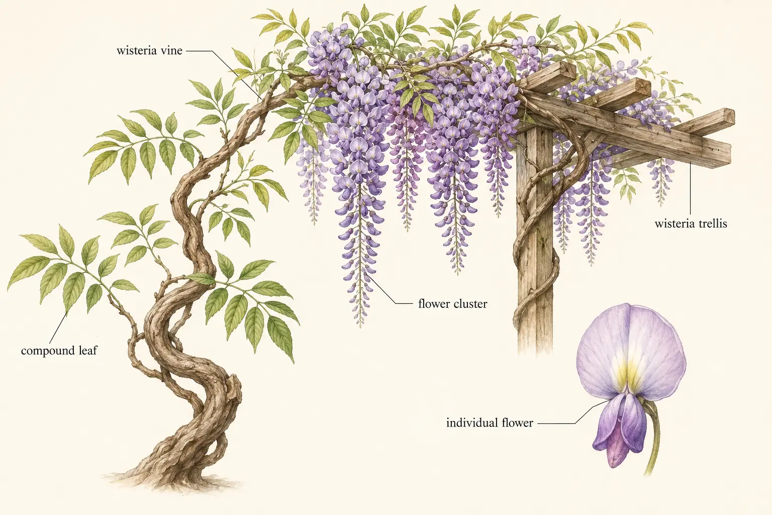 藤のつる・花房・花・複葉・藤棚を英語で示した植物イラスト