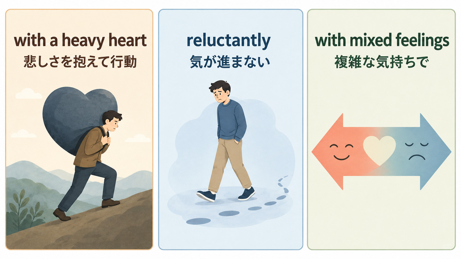 with a heavy heartとreluctantlyとwith mixed feelingsのニュアンス比較