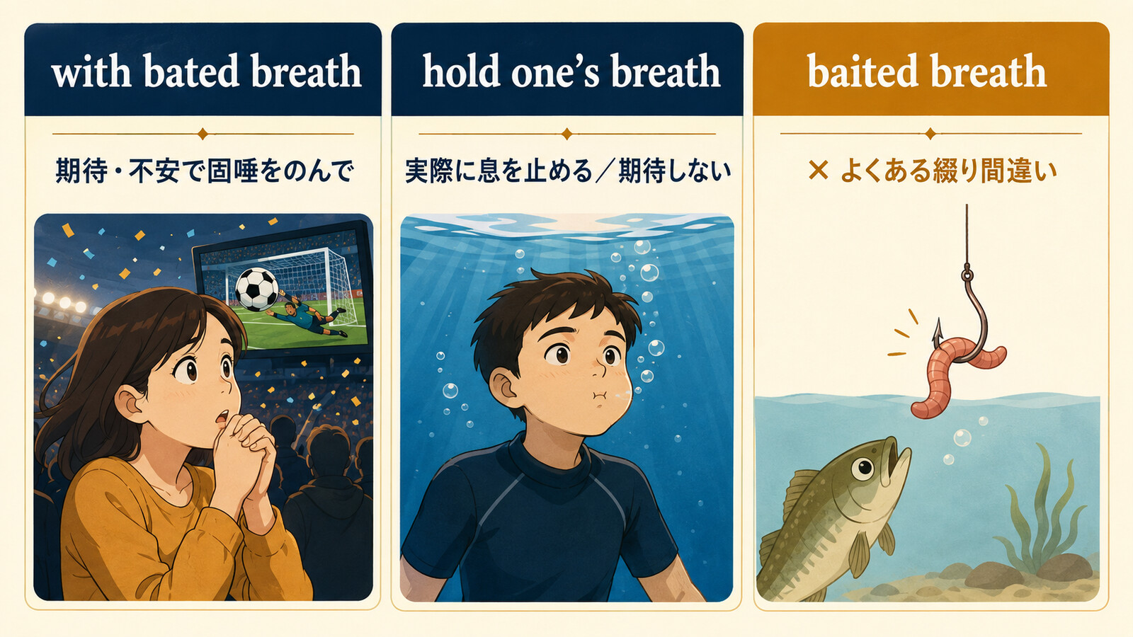 with bated breath・hold one’s breath・baited breathの違い