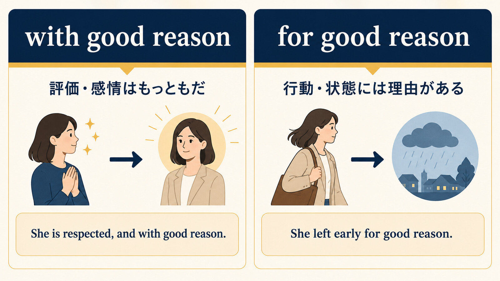 with good reasonとfor good reasonのニュアンスと使い方の比較