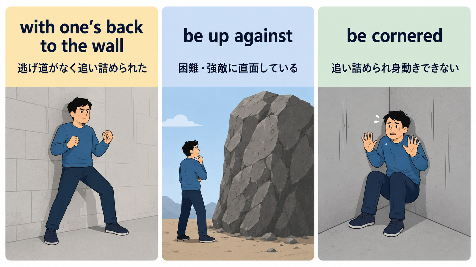 with one’s back to the wallとbe up againstとbe corneredのニュアンス比較
