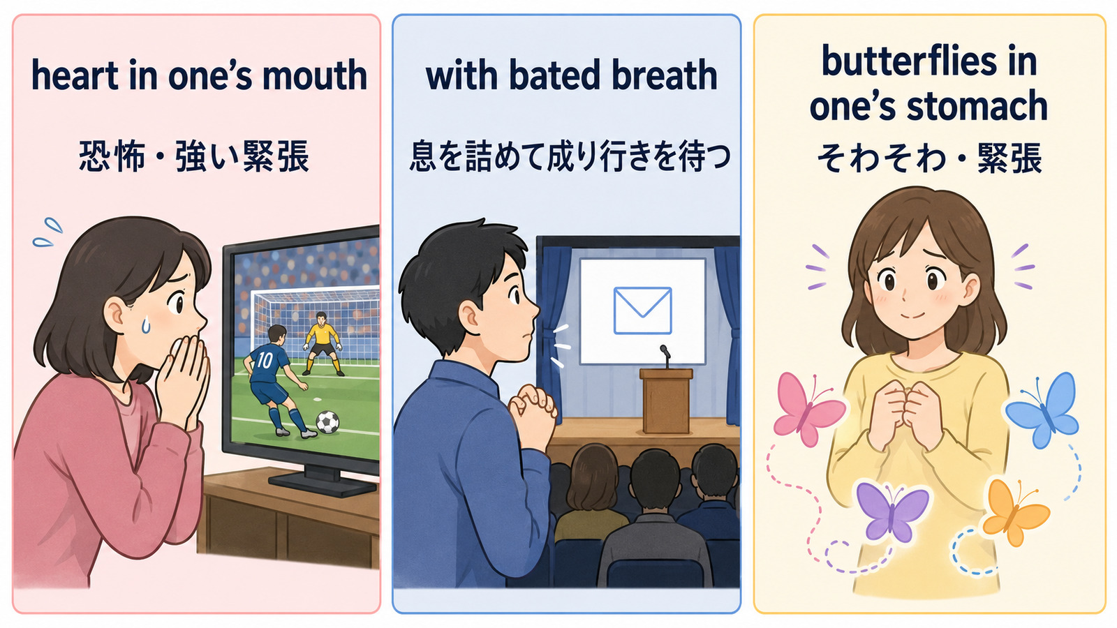 heart in one’s mouthとwith bated breathとbutterflies in one’s stomachのニュアンス比較