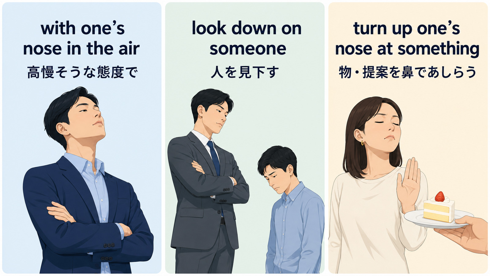 with one’s nose in the airとlook down on someoneとturn up one’s nose at somethingのニュアンス比較