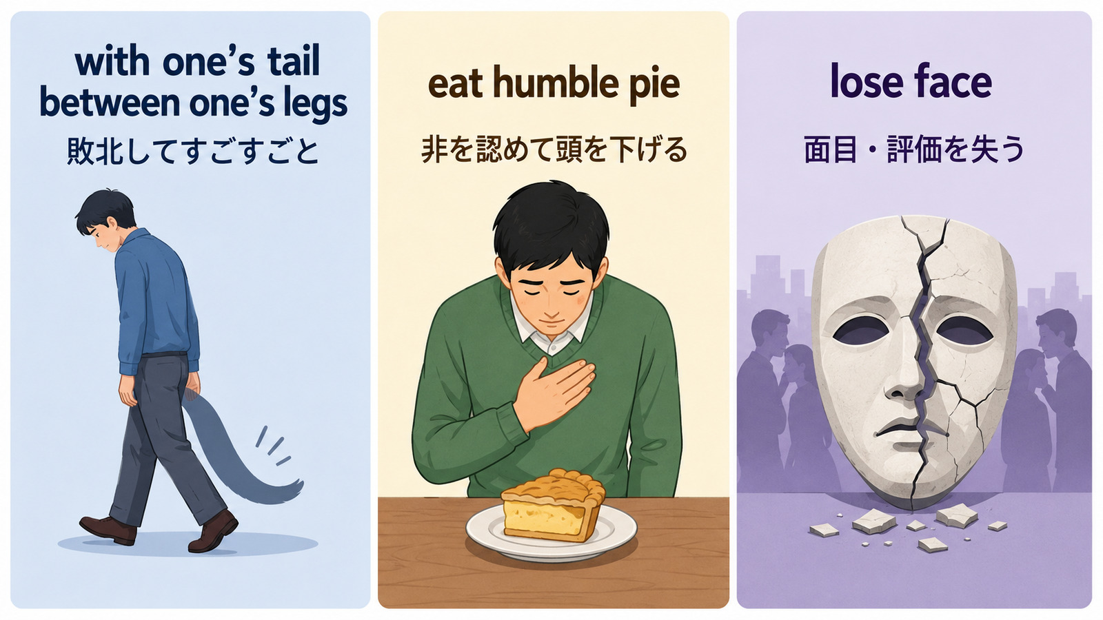 with one’s tail between one’s legsとeat humble pieとlose faceのニュアンス比較