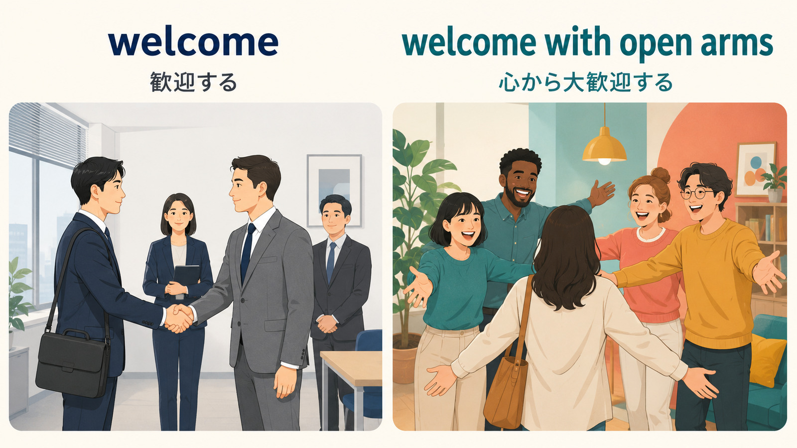 welcomeとwelcome with open armsの歓迎の強さを比較したイラスト