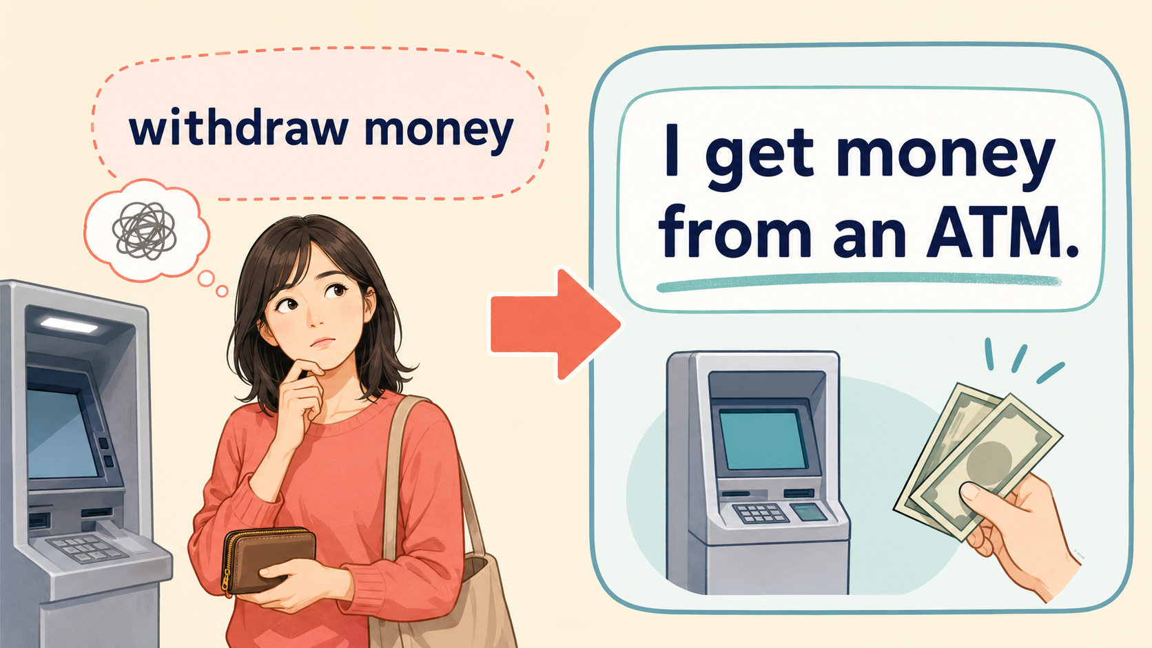 withdraw moneyをI get money from an ATMと言い換える考え方