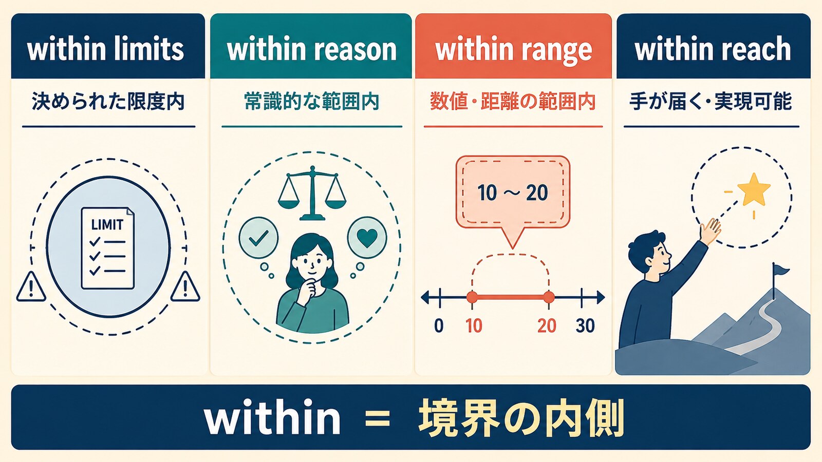 within limits・within reason・within range・within reachの違い