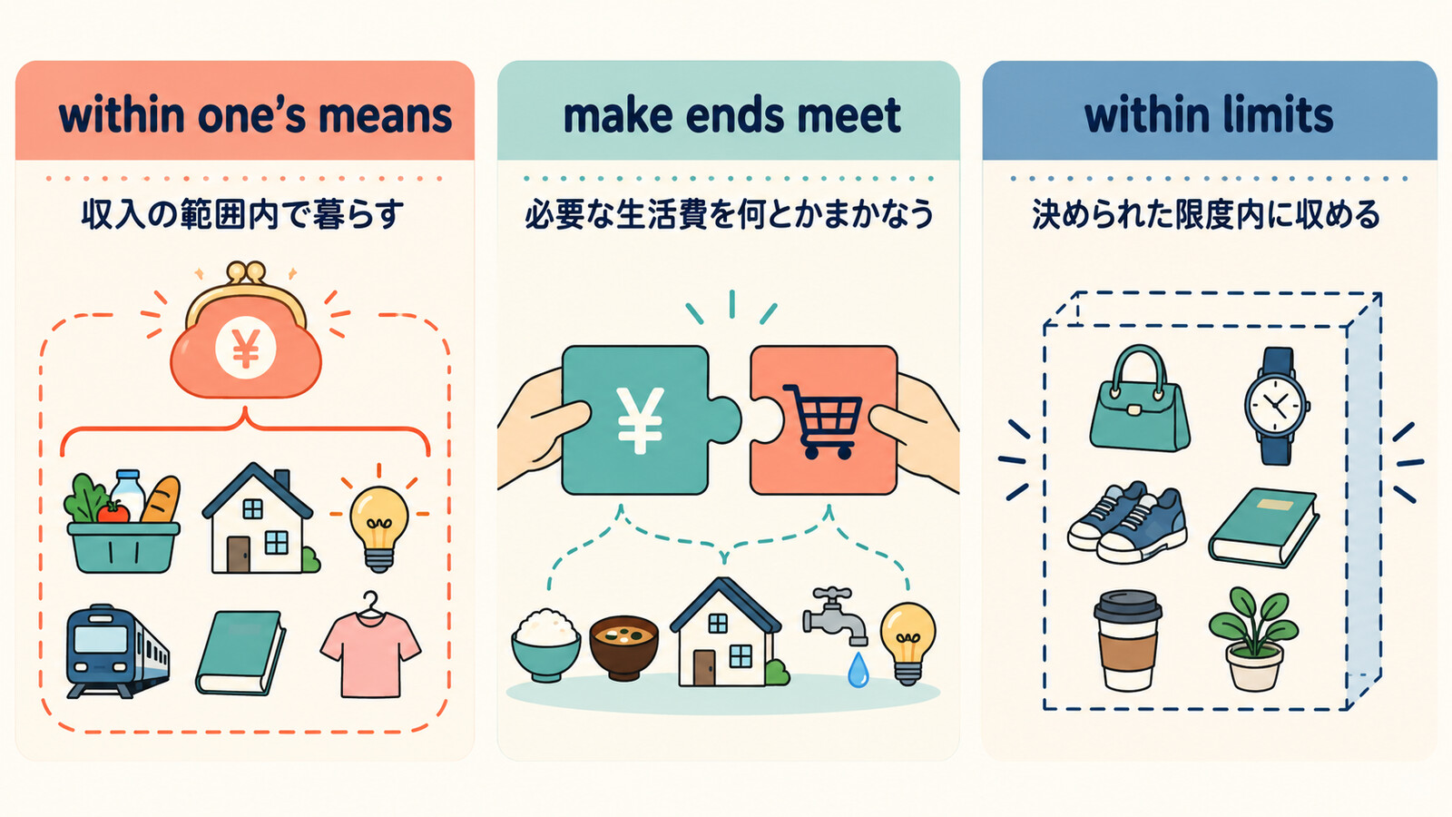 within one’s means・make ends meet・within limitsの違い