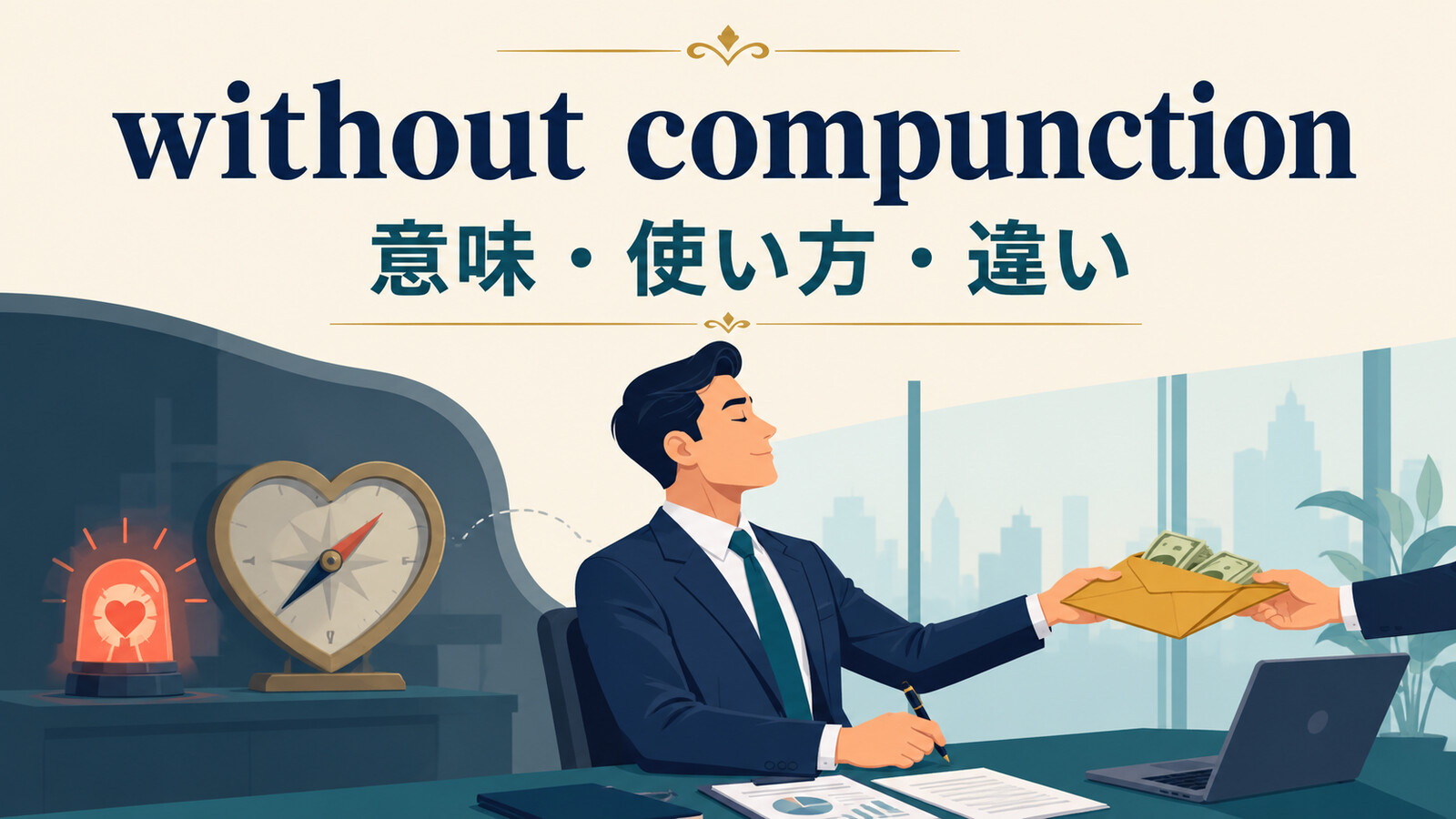 without compunctionの意味・使い方・類似表現との違いを解説するアイキャッチ画像