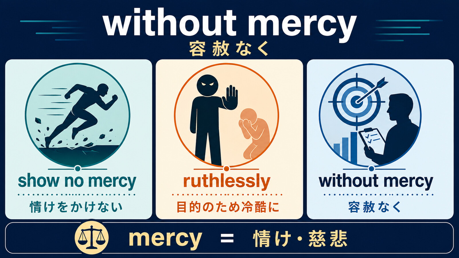 without mercy・show no mercy・ruthlesslyのニュアンスの違い