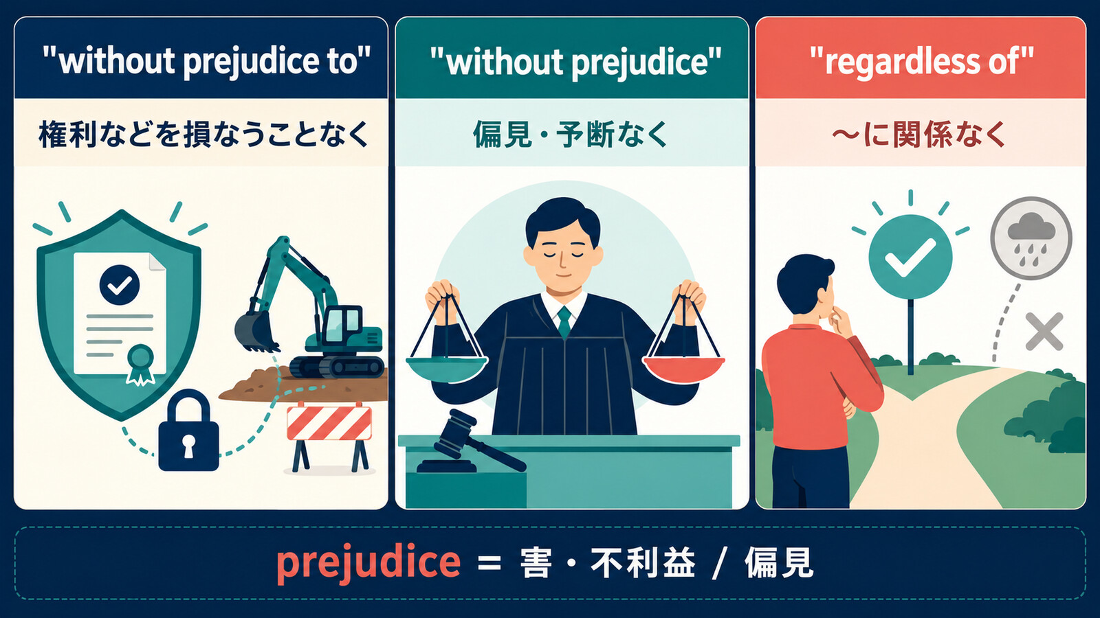 without prejudice to、without prejudice、regardless ofの意味とニュアンスの違いを比較した解説イラスト