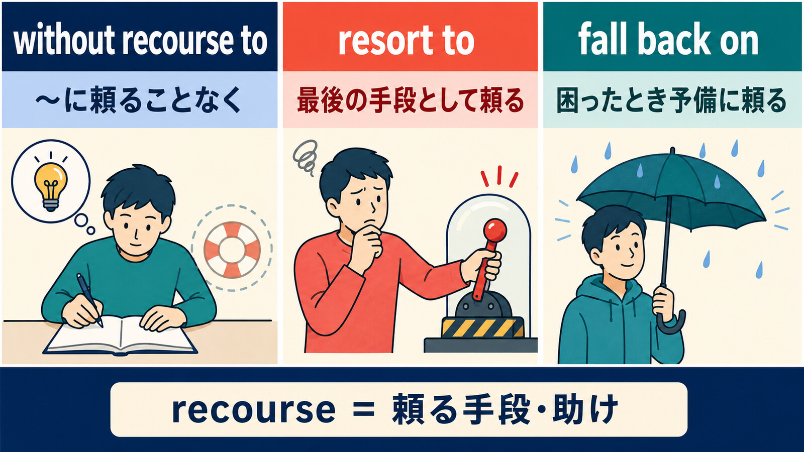 without recourse to、resort to、fall back onのニュアンスの違いを比較した解説イラスト