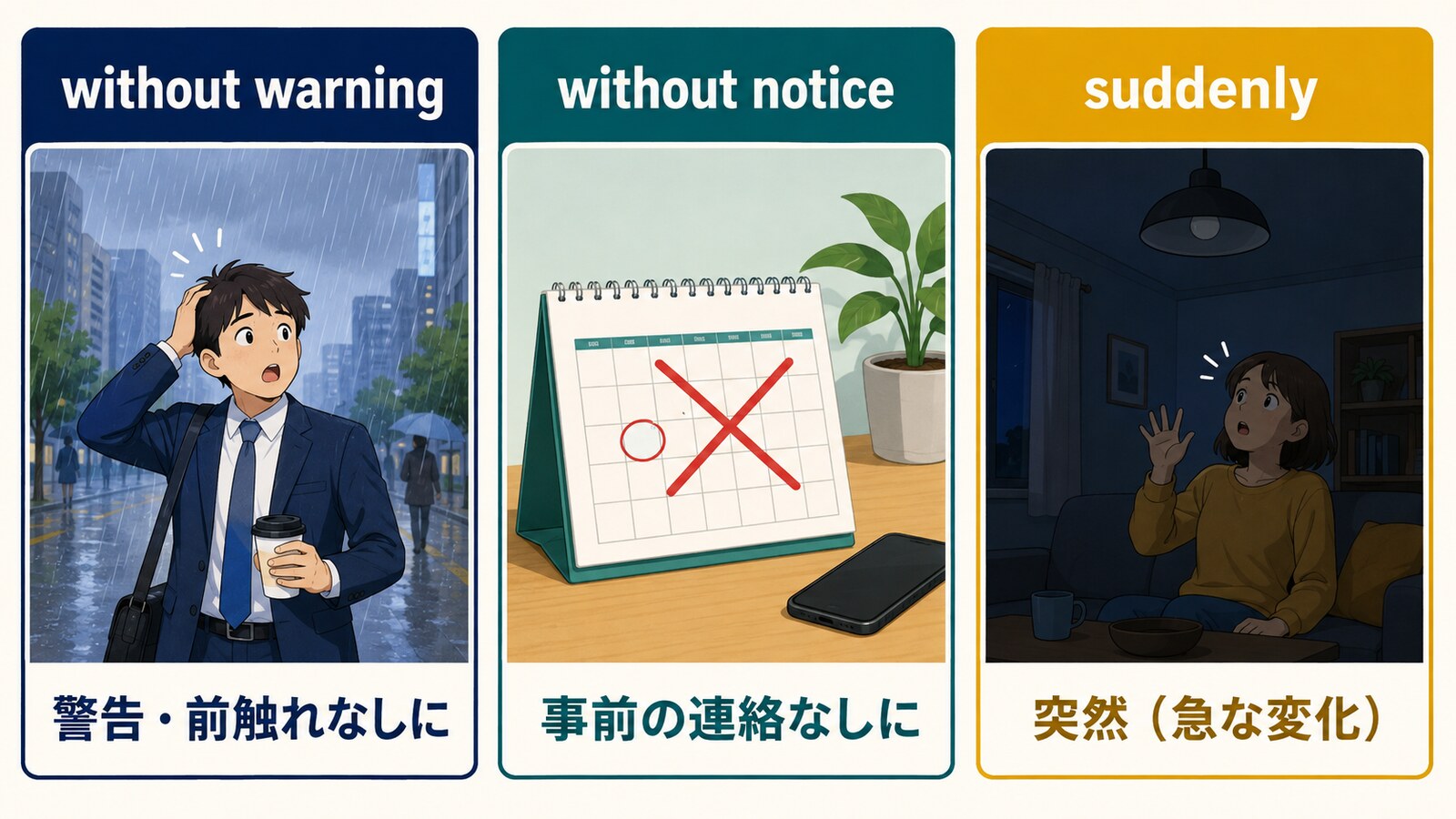 without warningとwithout noticeとsuddenlyのニュアンスの違いを示す比較イラスト