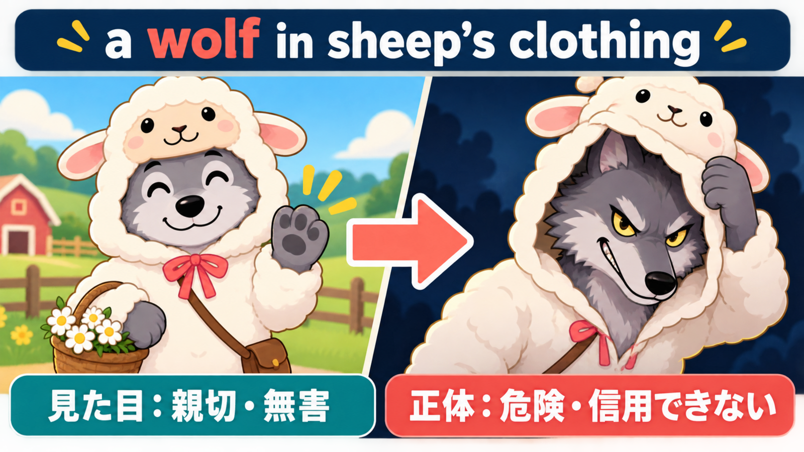 a wolf in sheep’s clothingの見た目と正体のニュアンス比較