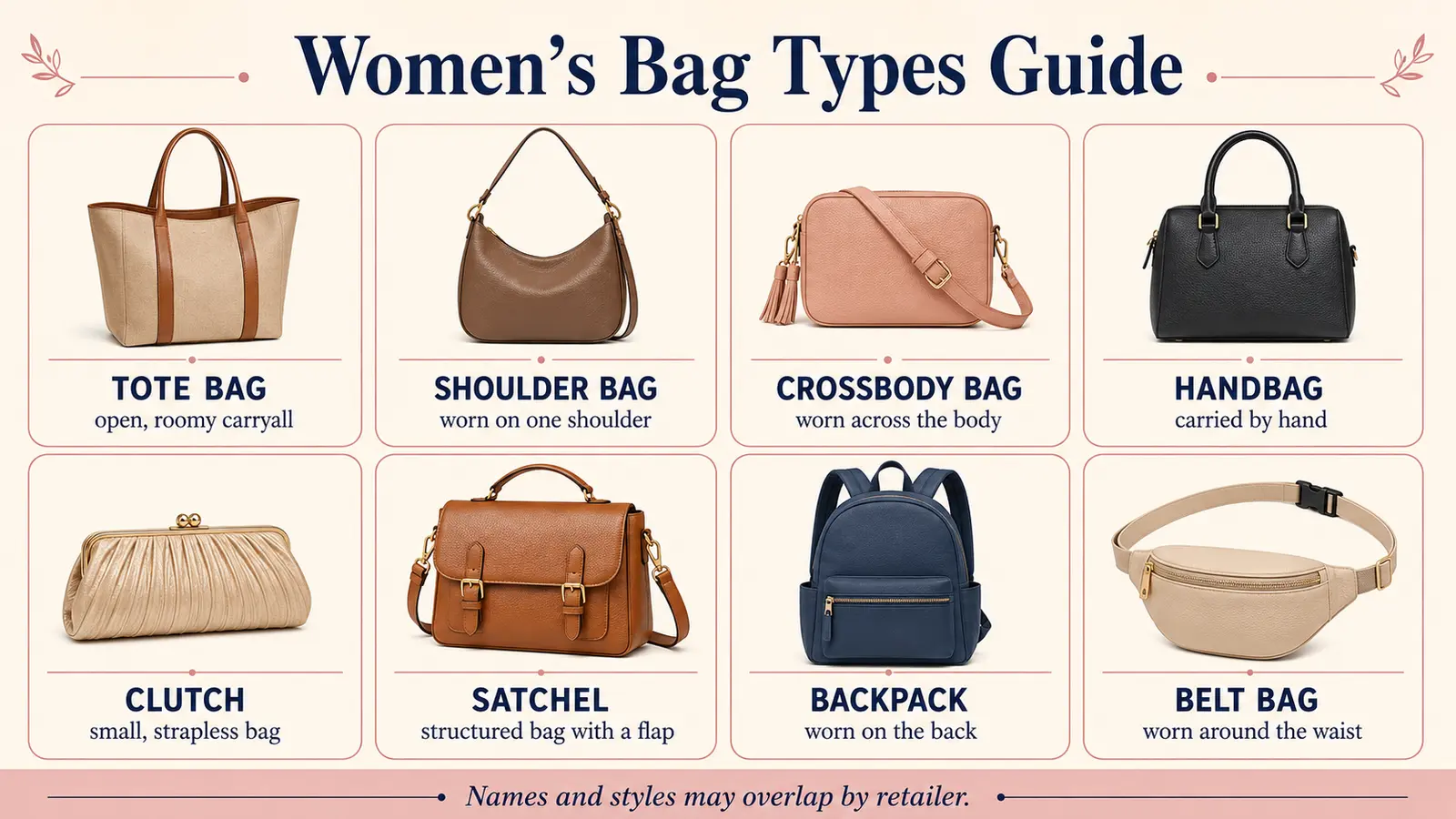 tote bag、shoulder bag、crossbody bag、handbag、clutch、satchel、backpack、belt bagの比較