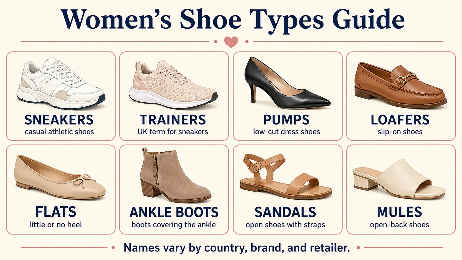 sneakers、trainers、pumps、loafers、flats、ankle boots、sandals、mulesの比較