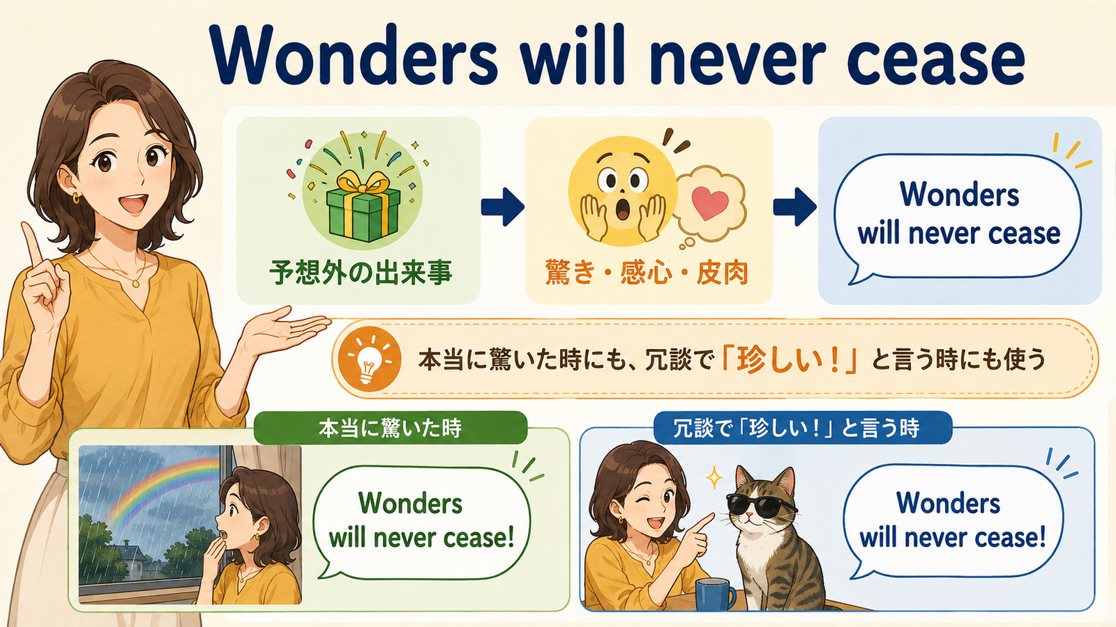 Wonders will never ceaseの直訳・実際の意味・使い方を示す解説図