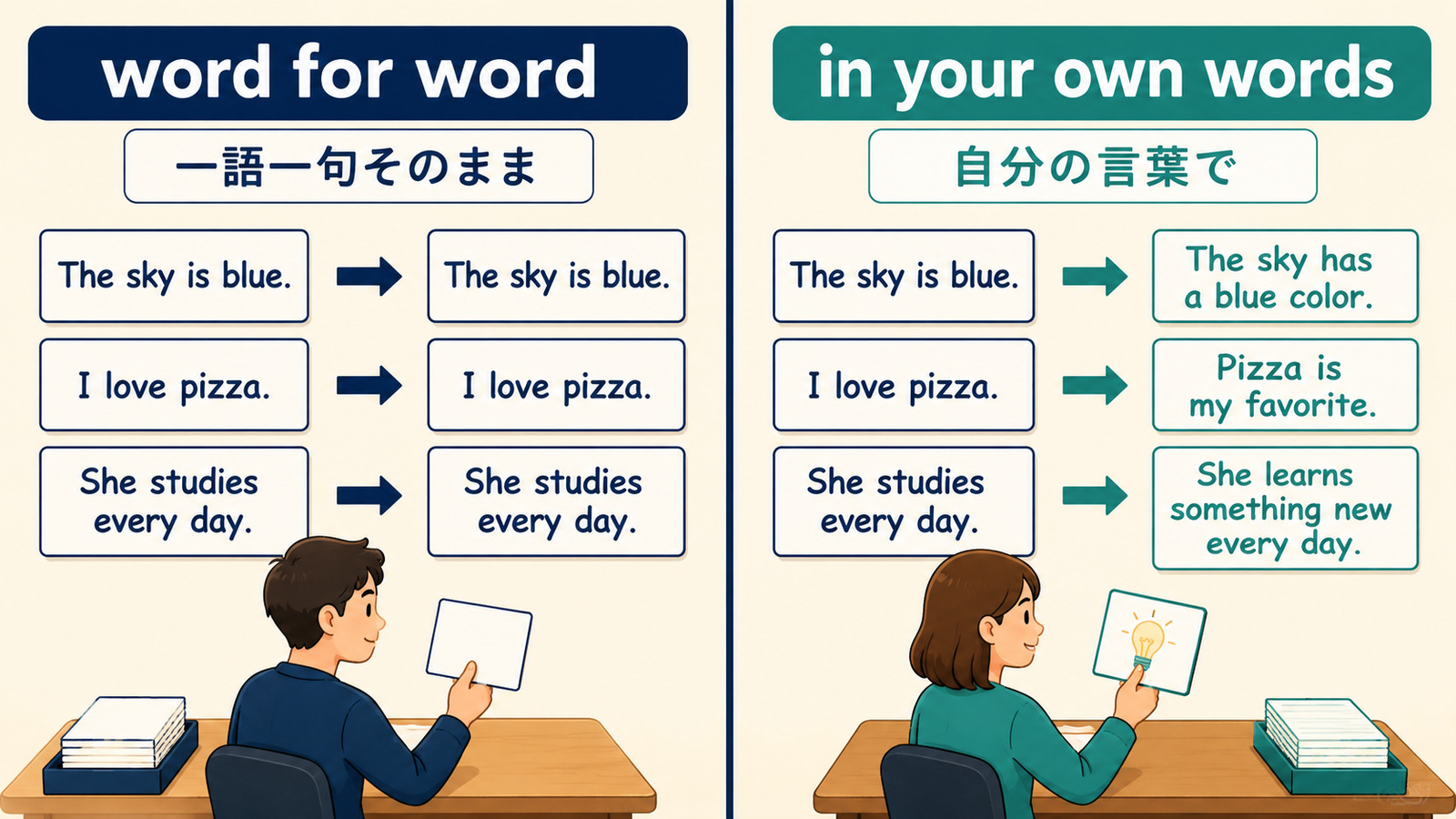 word for wordとin your own wordsの違いを示す比較イラスト