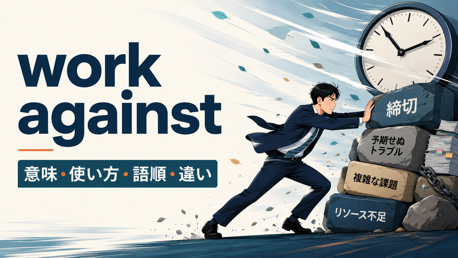 work againstの意味・使い方・語順・違いを表すアイキャッチ画像