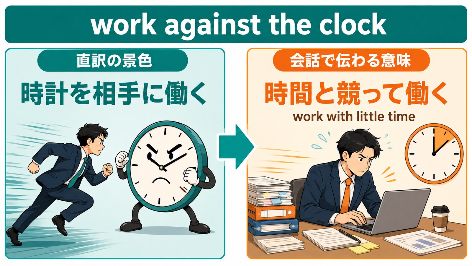 work against the clockの直訳と会話での意味を比較する解説イラスト