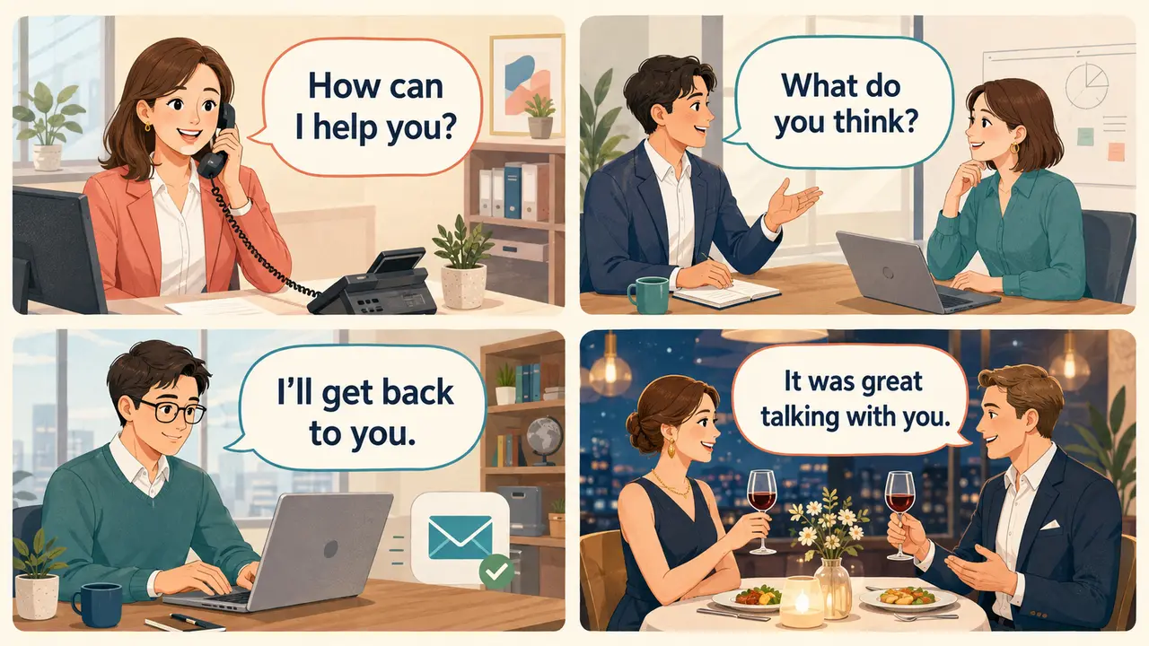 電話・ミーティング・メール・会食で使う英語フレーズのイラスト