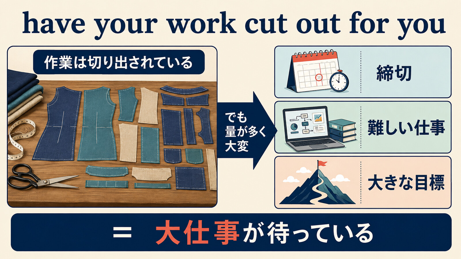 have your work cut out for youの裁縫の由来と締切・難しい仕事・大きな目標の使用場面