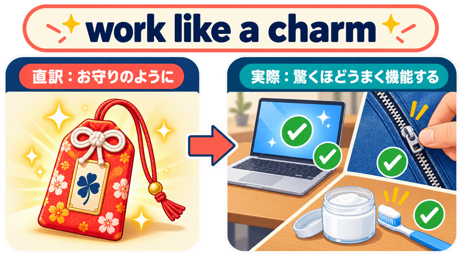 work like a charmの直訳「お守りのように」と実際の意味「驚くほどうまく機能する」の比較